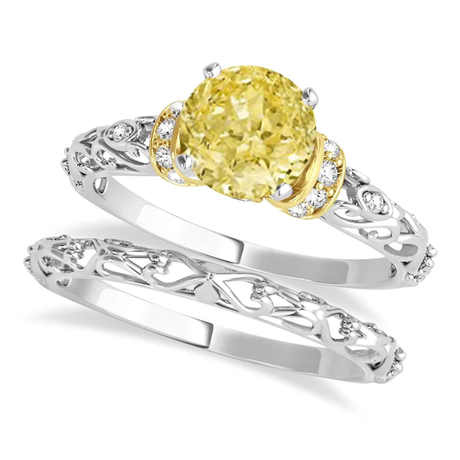 Yellow Diamond & Diamond Antique Style Bridal Set 14k Two-Tone Gold (0.87ct)