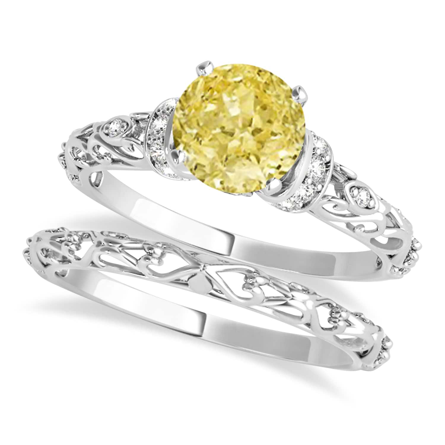 Yellow Diamond & Diamond Antique Style Bridal Set Palladium (0.87ct)