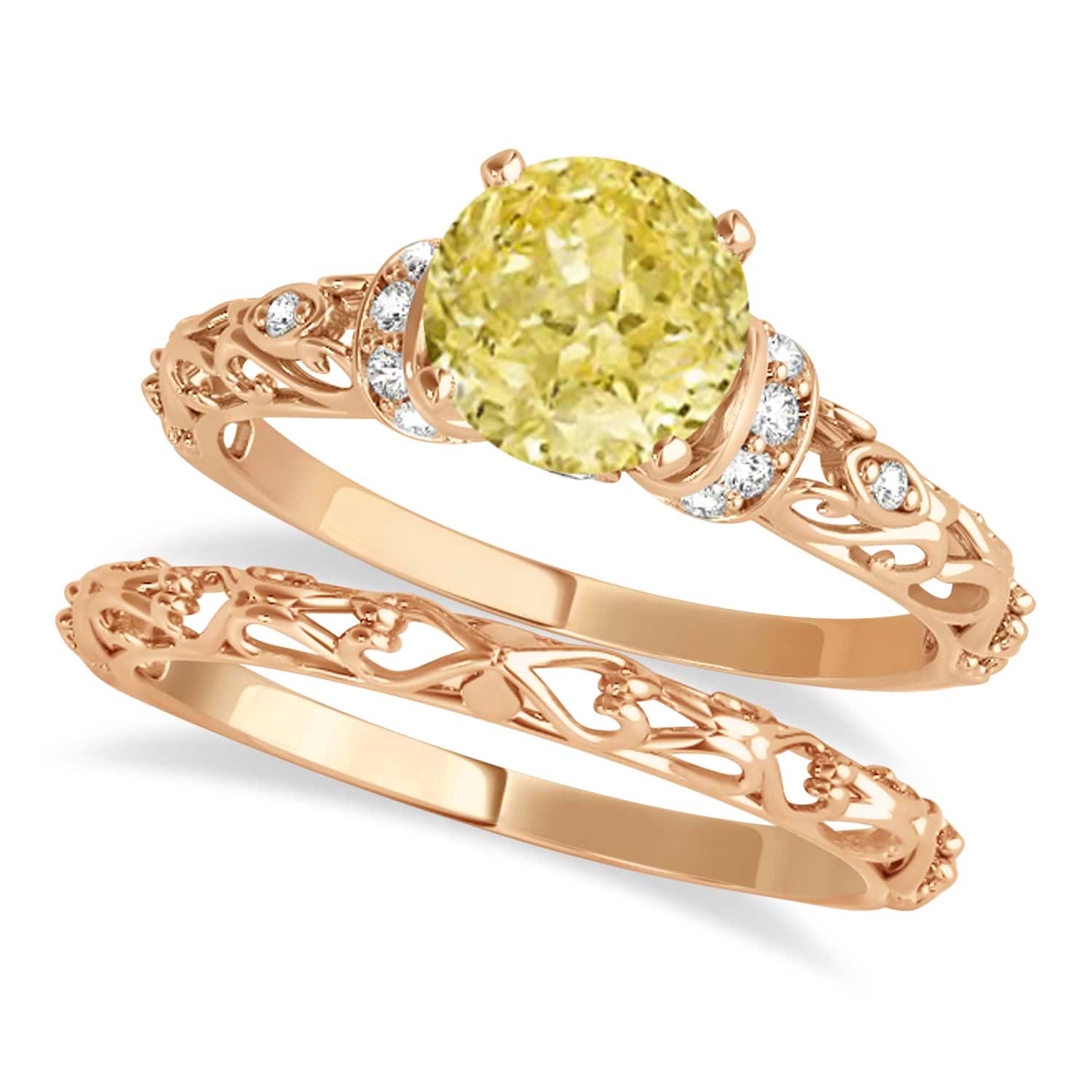 Yellow Diamond & Diamond Antique Style Bridal Set 14k Rose Gold (1.12ct)
