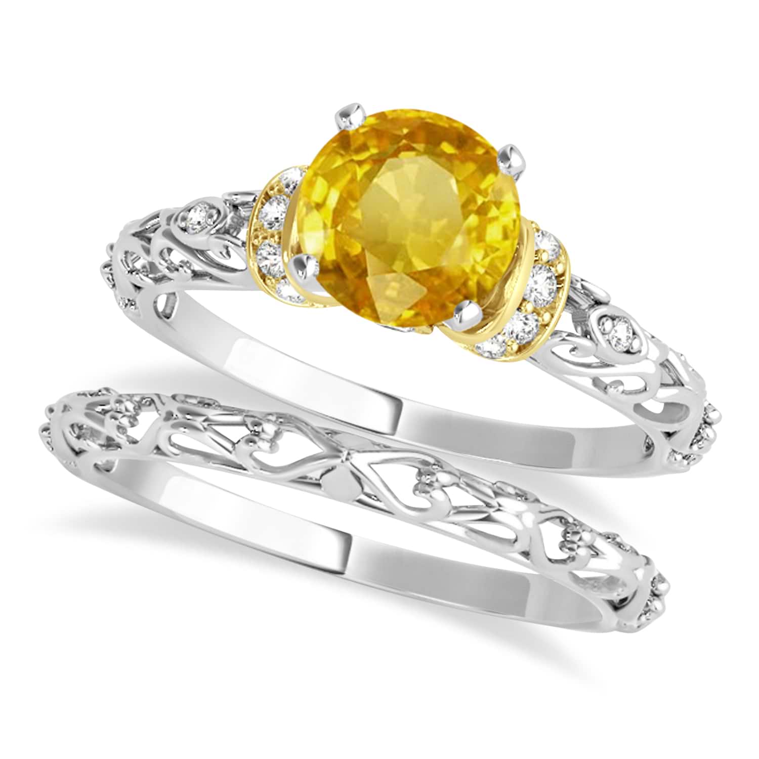Yellow Sapphire & Diamond Antique Style Bridal Set 18k Two-Tone Gold (0.87ct)