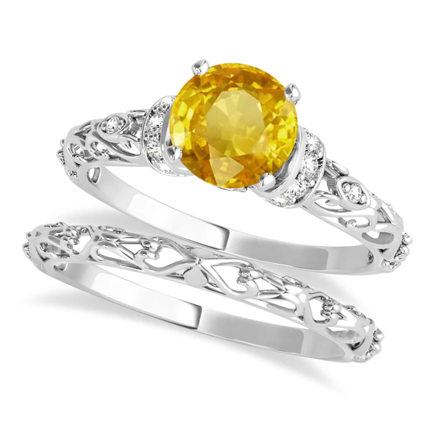 Yellow Sapphire & Diamond Antique Style Bridal Set 18k White Gold (1.62ct)