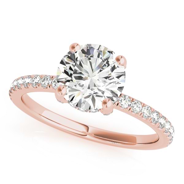 Diamond Solitaire Hidden Halo Engagement Ring w Accents 18k Rose Gold 1.26ct
