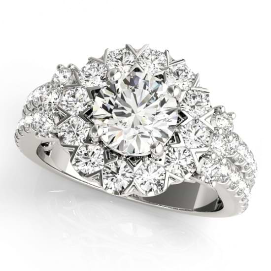 Diamond Halo Antique Style Engagement Ring 14k White Gold (2.04ct)