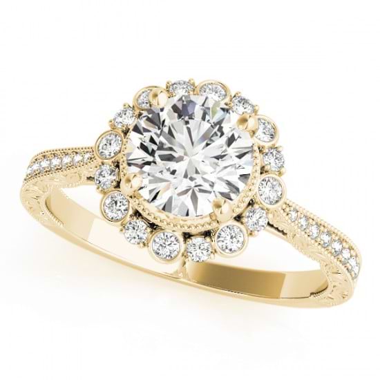 Diamond Flower Halo Vintage Engagement Ring 14k Yellow Gold (1.11ct)