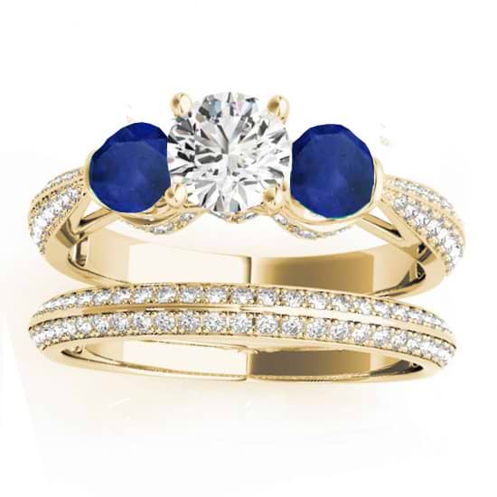 Diamond & Blue Sapphire Bridal Set Setting 14k Yellow Gold (1.04ct)