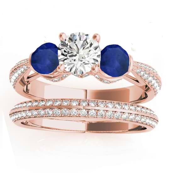 Diamond & Blue Sapphire Bridal Set Setting 18k Rose Gold (1.04ct)