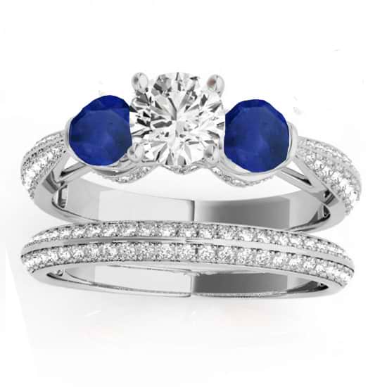Diamond & Blue Sapphire Bridal Set Setting Palladium (1.04ct)