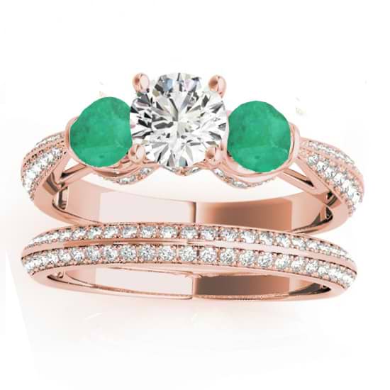 Diamond & Emerald 3 Stone Bridal Set Setting 18k Rose Gold (1.04ct)