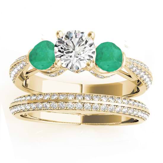 Diamond & Emerald 3 Stone Bridal Set Setting 18k Yellow Gold (1.04ct)