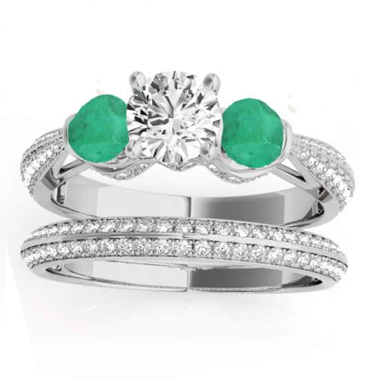 Diamond & Emerald 3 Stone Bridal Set Setting Palladium (1.04ct)
