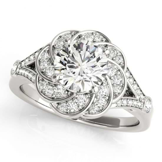 Diamond Floral Swirl Split Shank Engagement Ring 14k White Gold (1.25ct)