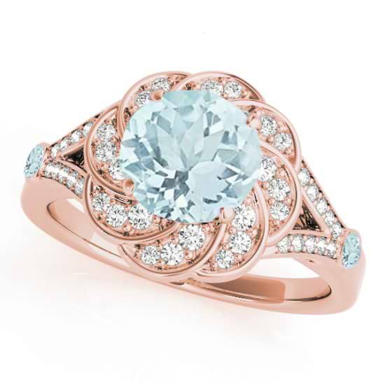 Diamond & Aquamarine Floral Swirl Engagement Ring 14k Rose Gold (1.25ct)