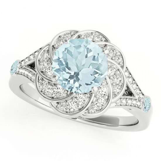 Diamond & Aquamarine Floral Swirl Engagement Ring 14k White Gold (1.25ct)