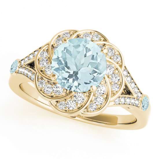 Diamond & Aquamarine Floral Swirl Engagement Ring 14k Yellow Gold (1.25ct)