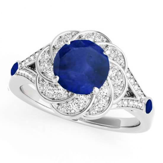 Diamond & Blue Sapphire Floral Engagement Ring 14k White Gold (1.25ct)