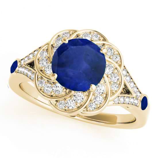 Diamond & Blue Sapphire Floral Engagement Ring 14k Yellow Gold (1.25ct)
