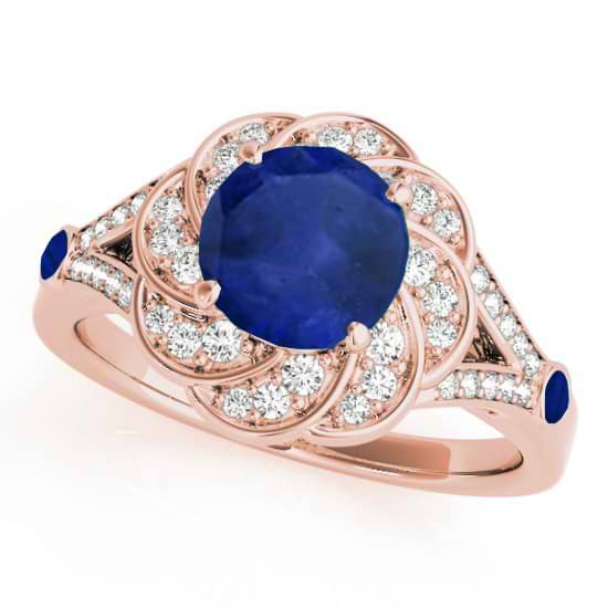 Diamond & Blue Sapphire Floral Engagement Ring 18k Rose Gold (1.25ct)