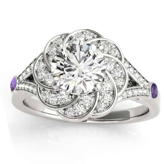 Diamond & Amethyst Floral Engagement Ring Setting 14k White Gold (0.25ct)