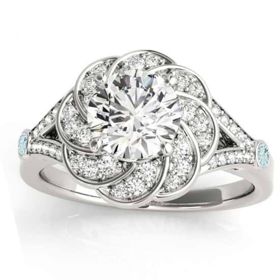 Diamond & Aquamarine Floral Engagement Ring Setting 14k White Gold (0.25ct)