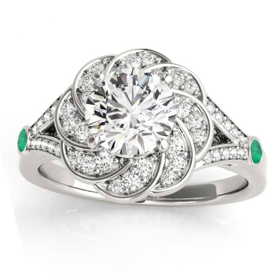 Diamond & Emerald Floral Engagement Ring Setting 14k White Gold (0.25ct)