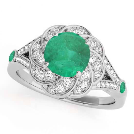 Diamond & Emerald Floral Swirl Engagement Ring 18k White Gold (1.25ct)