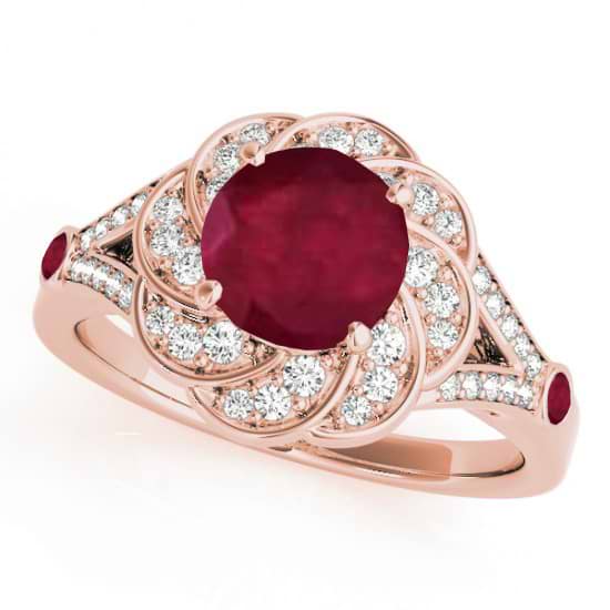 Diamond & Ruby Floral Swirl Engagement Ring 18k Rose Gold (1.25ct)