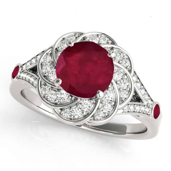 Diamond & Ruby Floral Swirl Engagement Ring 18k White Gold (1.25ct)