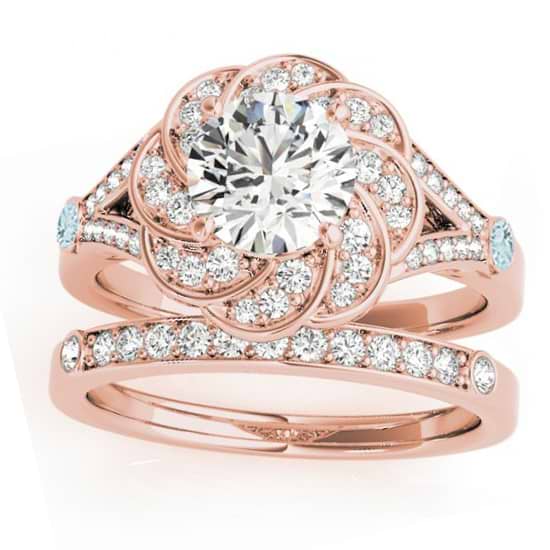 Diamond & Aquamarine Floral Bridal Set Setting 14k Rose Gold (0.35ct)