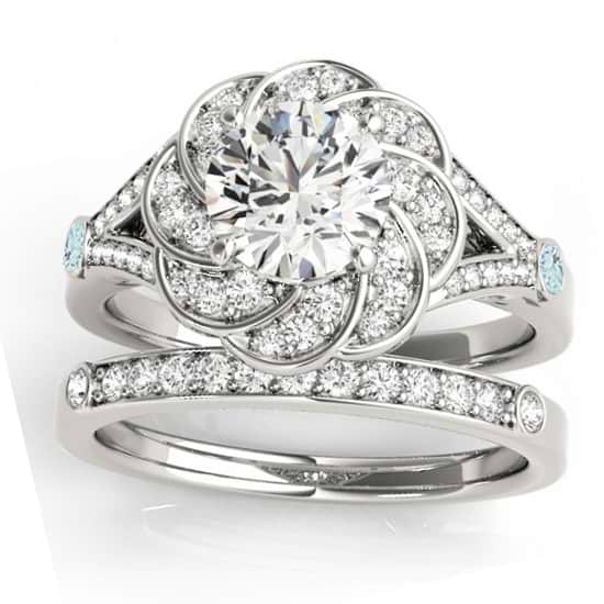 Diamond & Aquamarine Floral Bridal Set Setting Platinum (0.35ct)