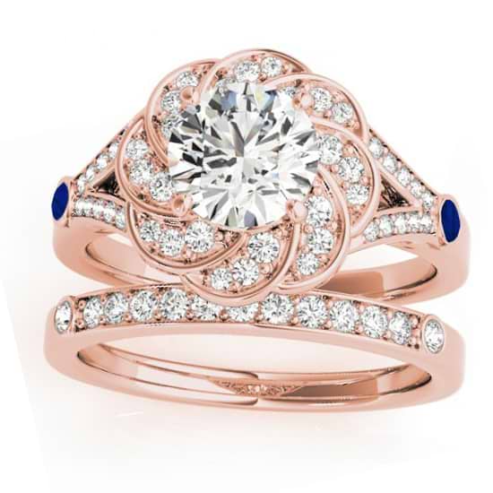 Diamond & Blue Sapphire Floral Bridal Set Setting 14k Rose Gold (0.35ct)