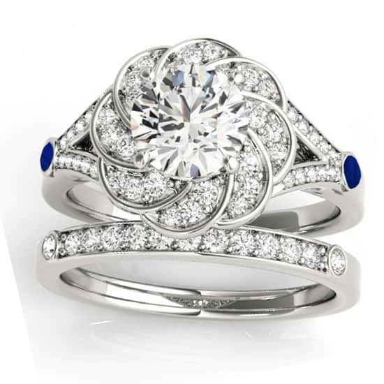 Diamond & Blue Sapphire Floral Bridal Set Setting 14k White Gold (0.35ct)