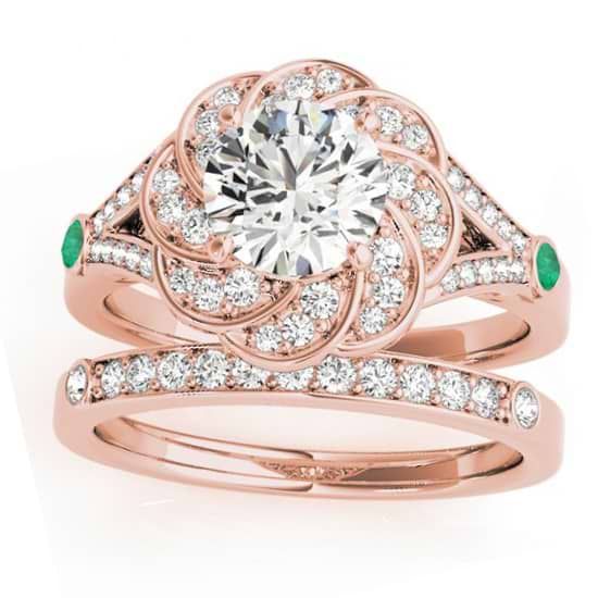 Diamond & Emerald Floral Bridal Set Setting 14k Rose Gold (0.35ct)