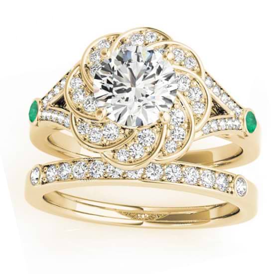 Diamond & Emerald Floral Bridal Set Setting 14k Yellow Gold (0.35ct)