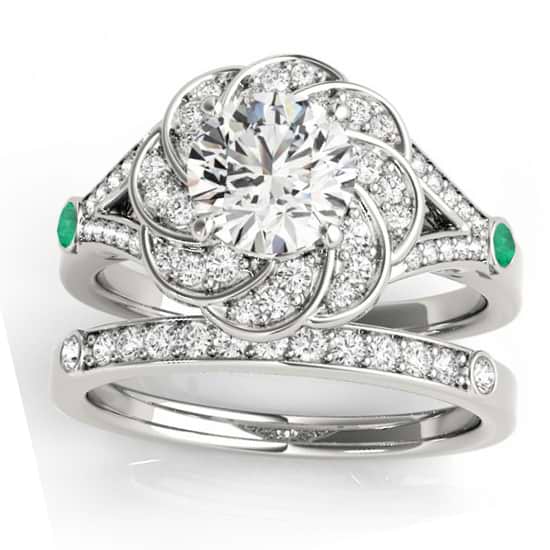 Diamond & Emerald Floral Bridal Set Setting 18k White Gold (0.35ct)