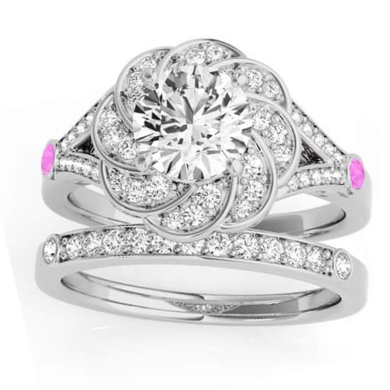 Diamond & Pink Sapphire Floral Bridal Set Setting 14k White Gold (0.35ct)