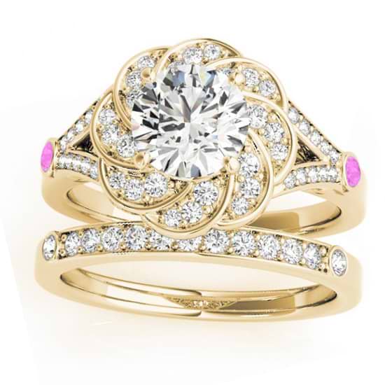 Diamond & Pink Sapphire Floral Bridal Set Setting 14k Yellow Gold (0.35ct)