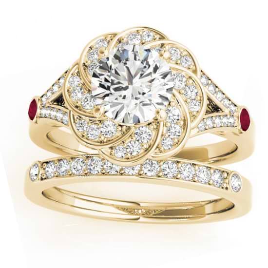 Diamond & Ruby Floral Bridal Set Setting 14k Yellow Gold (0.35ct)