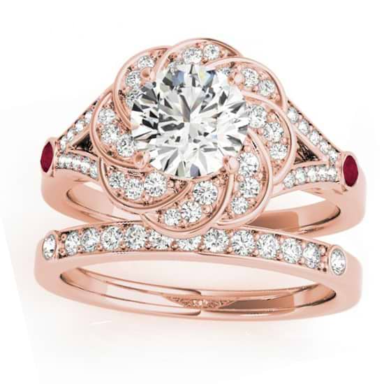 Diamond & Ruby Floral Bridal Set Setting 18k Rose Gold (0.35ct)