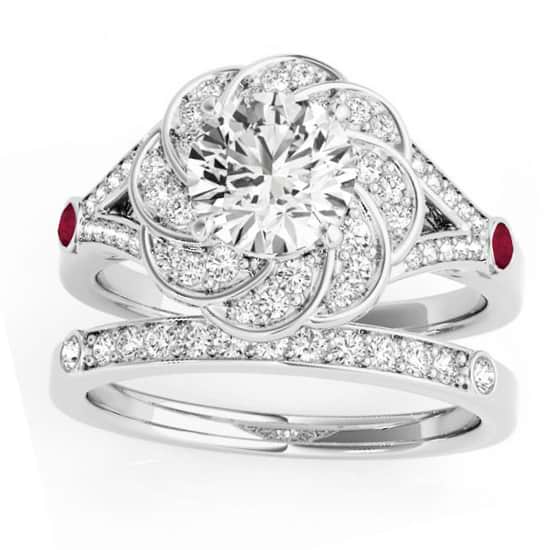 Diamond & Ruby Floral Bridal Set Setting 18k White Gold (0.35ct)