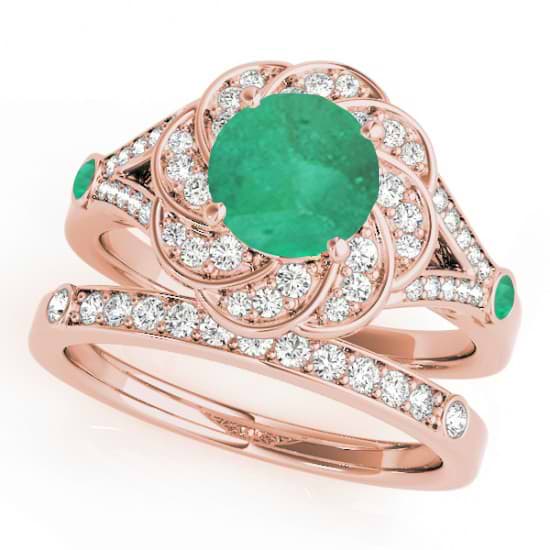 Diamond & Emerald Floral Swirl Bridal Set 14k Rose Gold (1.35ct)