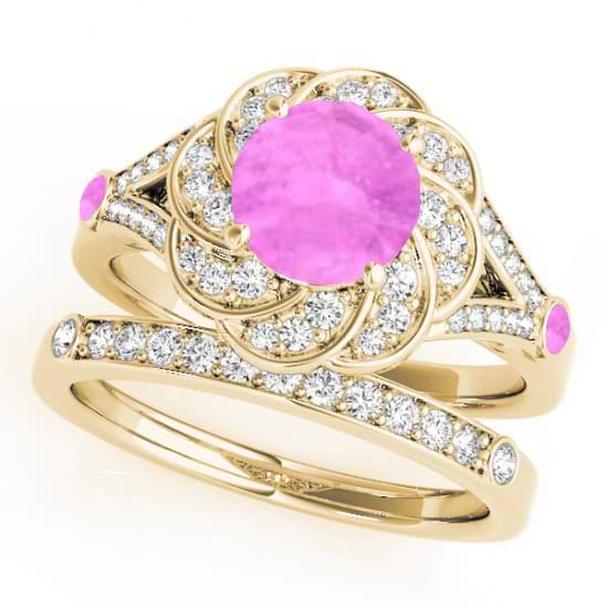 Diamond & Pink Sapphire Floral Swirl Bridal Set 14k Yellow Gold (1.35ct)