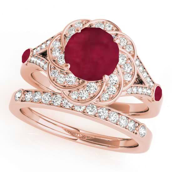 Diamond & Ruby Floral Swirl Bridal Set 14k Rose Gold (1.35ct)