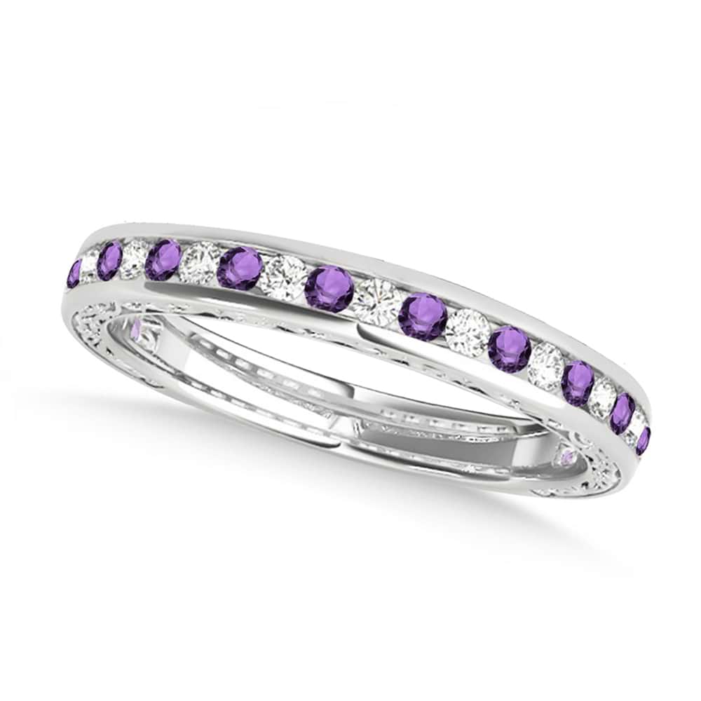 Diamond and Amethyst Channel Set Wedding Band 18k White Gold (0.45ct)