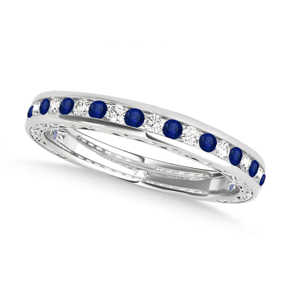 Diamond and Blue Sapphire Channel Set Wedding Band 14k White Gold (0.45ct)