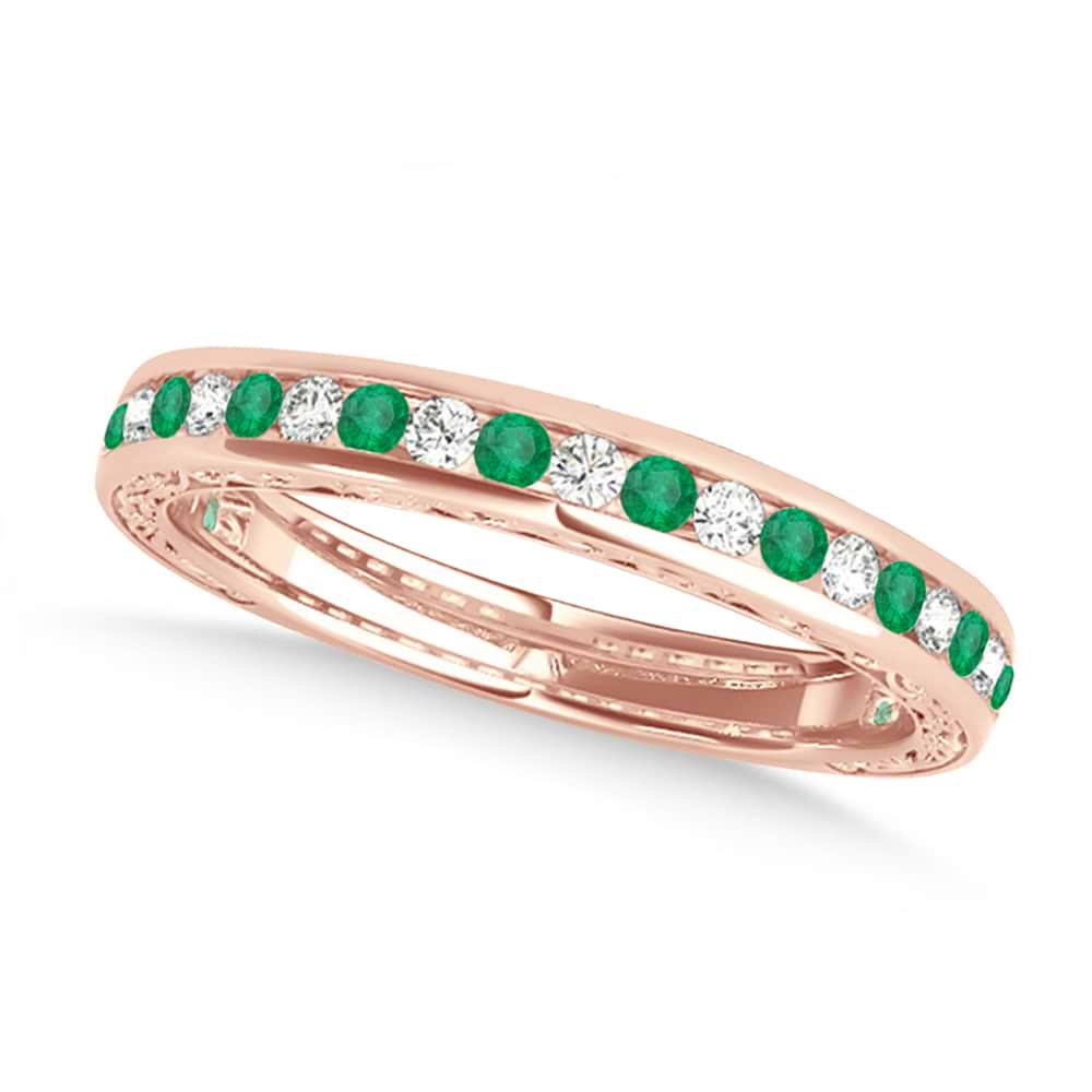 Diamond and Emerald Channel Set Wedding Band 14k Rose Gold (0.45ct)