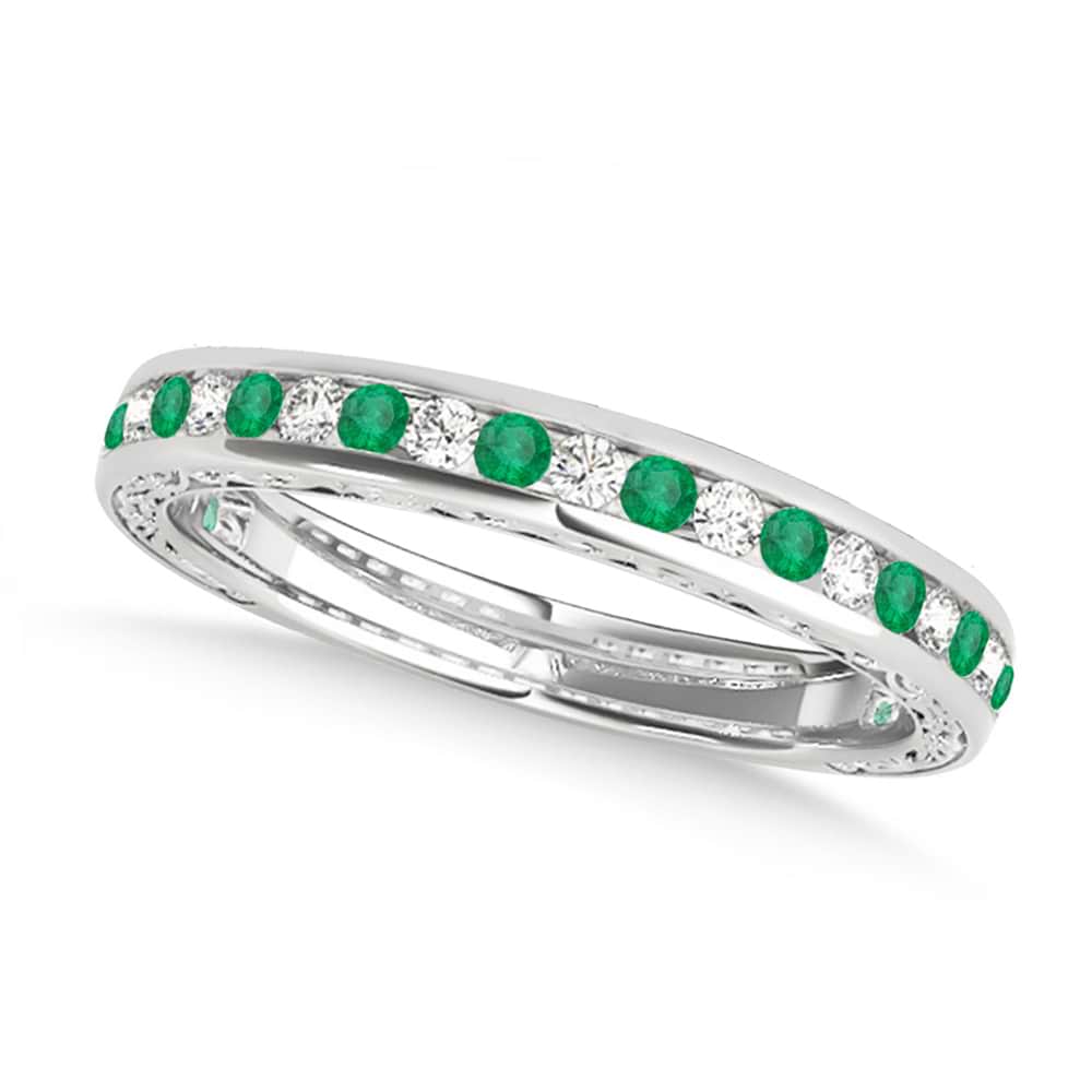 Diamond and Emerald Channel Set Wedding Band 14k White Gold (0.45ct)