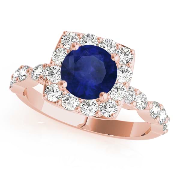 Diamond & Blue Sapphire Square Halo Engagement Ring 14k Rose Gold (1.72ct)