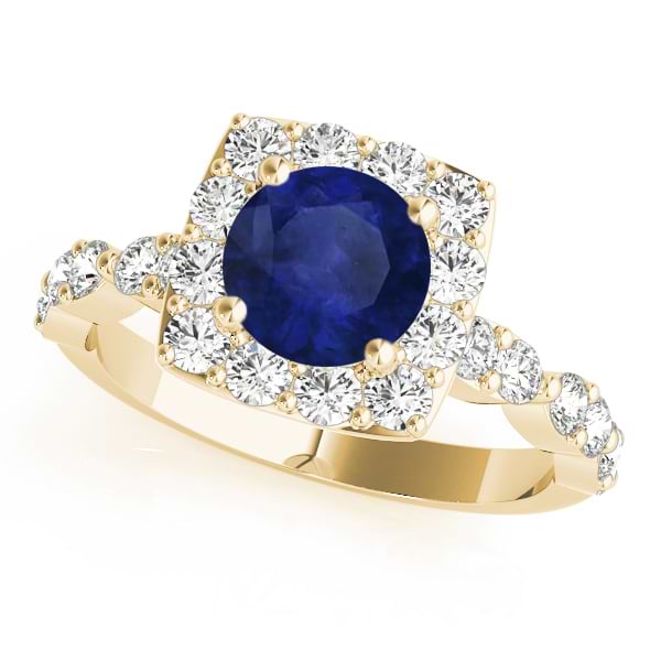 Diamond & Blue Sapphire Square Halo Engagement Ring 18k Yellow Gold (1.72ct)