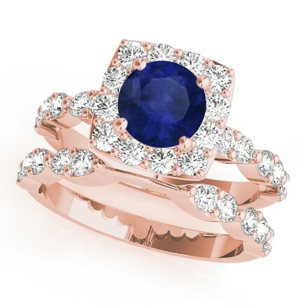 Diamond & Blue Sapphire Square Halo Bridal Set 14k Rose Gold (2.14ct)