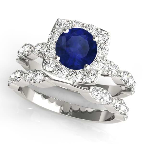Diamond & Blue Sapphire Square Halo Bridal Set 14k White Gold (2.14ct)